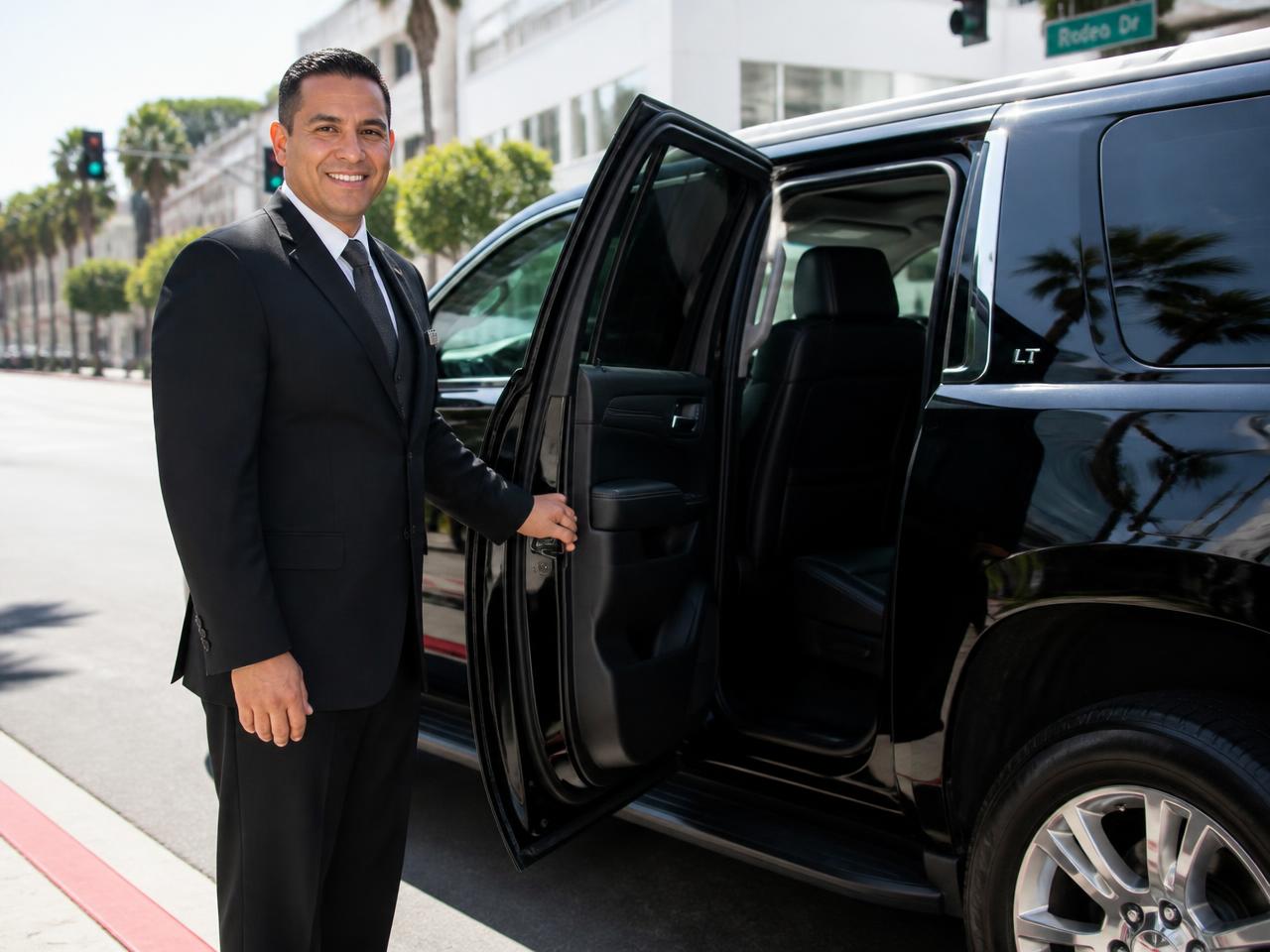 Chauffeur opening the door of a black luxury SUV